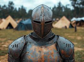 A medieval knight stands in armor at a historical reenactment photo
