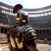 A Roman legionary stands in a coliseum ready for battle photo
