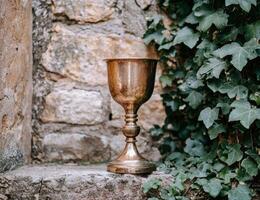 A golden chalice sits on a stone ledge next to ivy photo