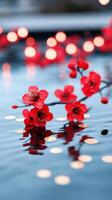 Chinese New Year background with a koi pond surrounded by red blossoms golden coins and glowing lanterns reflected in the water photo