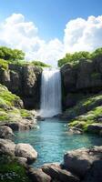 spring waterfall background with crystal clear water cascading into a rocky pool surrounded by mossy cliffs and blooming wildflowers photo