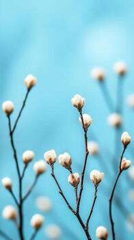 primavera cielo con suave nubes y floreciente ramas alcanzando hacia el primer plano creando un sereno y edificante atmósfera foto