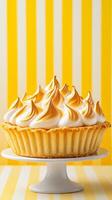 A vibrant National Pie Day featuring a lemon meringue pie with fluffy golden peaks set against a bright yellow and white striped backdrop photo