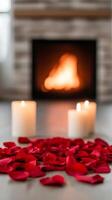 cozy Valentines Day background with a roaring fireplace red rose petals scattered on the floor and candles glowing softly in the foreground photo