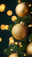 Christmas background featuring a close up of sparkling ornaments on a tree with golden lights and bokeh creating a warm festive glow photo