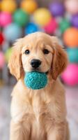 A joyful National Puppy Day background featuring a golden retriever puppy with floppy ears holding a chew toy in its mouth surrounded by cheerful colors and party decorations photo
