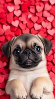 National Puppy Day background with a tiny pug puppy lying on its back surrounded by heart shaped confetti and the words Puppy Love Forever photo