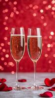 Valentines Day background with champagne glasses clinking in front of a glowing heart bokeh effect framed by scattered rose petals photo