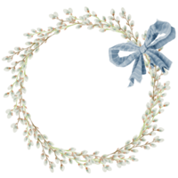Watercolor illustration of willow wreath with blue bow. Ideal for romantic greeting cards, invitations to weddings or birthdays. Cosmetics, perfumes and home decor. Frame for websites or apps png