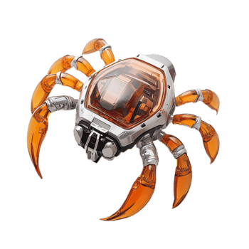 minúsculo robótico cangrejo con bio inspirado exoesqueleto y naranja garras, exhibiendo avanzado tecnología y diseño. esta innovador creación mezclas naturaleza y robótica sin problemas png