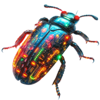cybernetic beetle with integrated circuits and vibrant lights, showcasing blend of nature and technology. This futuristic insect features glowing patterns and intricate details png