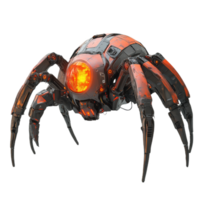 hyper realistic robotic spider with flexible legs and glowing orange eyes, showcasing intricate mechanical details and futuristic design png