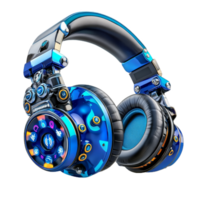 glossy blue wireless headphone set with intricate design and controls, perfect for music lovers. vibrant colors and modern style make it eye catching accessory png