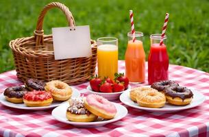 Picnic table with donuts and juices photo