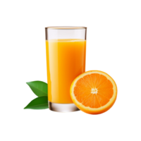 Glass of orange juice with slice and leaf on transparent background png