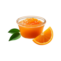 Glass bowl of fresh orange fruit jam with slice and leaf on transparent background png