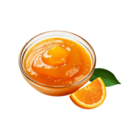 Glass bowl of fresh orange fruit jam with slice on transparent background png