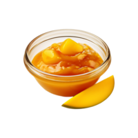 Glass bowl of mango fruit jam with slice on transparent background png