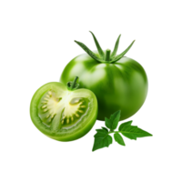 Green tomato with slice and leaf on transparent background png