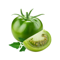 Green tomato with slice and green leaf on transparent background png