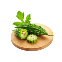 Bitter gourd vegetable with slice with chopping board on transparent background png