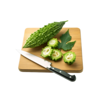 Bitter gourd with chopping board and knife on transparent background png