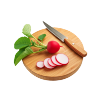 Red radish with chopping board and knife on transparent background png