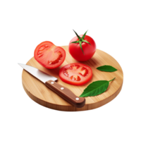 Ripe tomato and slices with chopping board on transparent background png