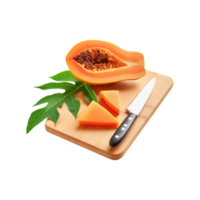Ripe papaya slices with wooden chopping board on transparent background png