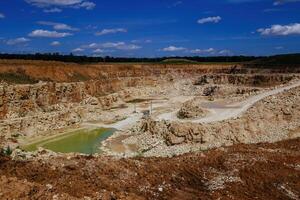 Excavators working limestone mining in quarry photo