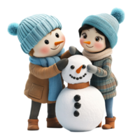 Adorable Kids Building Snowman in Winter on Transparent Background png