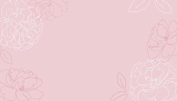 Minimalist style floral background with single line flowers and leaves on pink background. Contour roses botanical modern illustration for design vector