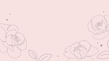 Rose flowers single line drawing with hearts on pink background. One line minimalist style illustration for romantic banner, card or invitation design vector