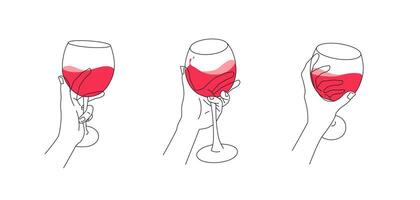 Hand with a glass of red wine modern illustration in minimalist style. Wine tasting line art for poster, card or web. Hand holding a wineglass vector