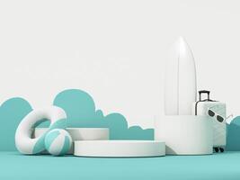 Summer vacation scene with beach essentials like a surfboard, suitcase, and inflatable ring. A modern concept of relaxation, travel, and tropical getaways. 3d rendering photo