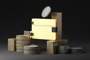 Modern digital wallet concept with a glowing gold card, stacked coins, and graph, representing online banking, secure transactions, and cashless payments in a futuristic financial. 3d rendering photo
