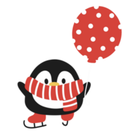 Penguin with red polka dot scarf holding a balloon png