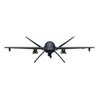 Military Drone with Weapons Attached Flying in Clear Blue Sky png