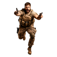Armed Soldier in Combat Stance with Weapons in Urban Environment png