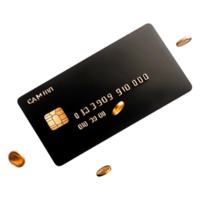 Elegant Black Credit Card with Golden Chip and Coins Floating Above png