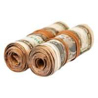 Stacks of Rolled Dollar Bills with Rubber Bands Isolated on White png