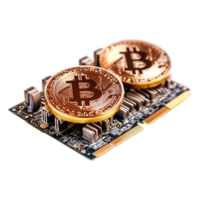 closeup of Golden Bitcoin Coins on Computer Circuit Board png