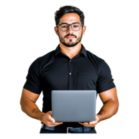 Professional man using laptop in modern workspace with confidence png