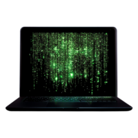 Futuristic Laptop Displaying Green Matrix Code in Dark Background png
