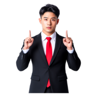 Businessman in Suit with Red Tie Pointing Up with Both Hands png