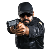 Armed Security Officer in Black Uniform Aiming with Handgun png