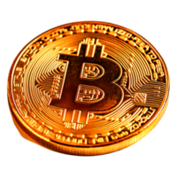 Golden Bitcoin Cryptocurrency Coin on Reflective Surface closeup png