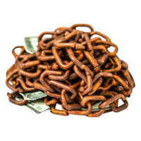 Pile of Rusty Chains on Dollar Bills Symbolizing Financial Struggles png