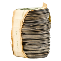 Stack of Vintage Coins Wrapped in Paper Currency on png
