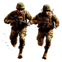 Two Soldiers in Camouflage Gear Running with Firearms in Action png